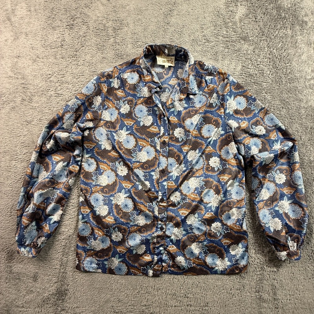 Vintage 70s Amanda Paisley Floral Button Up Shirt Blouse Blue Brown Women 11/12